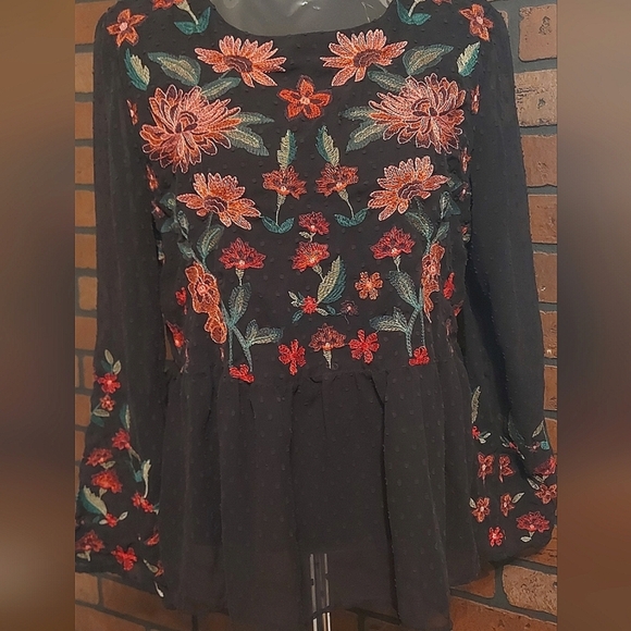 Whimsigoth Floral Embroidered Blouse Swiss Dot Dark Romantic - Picture 2 of 16